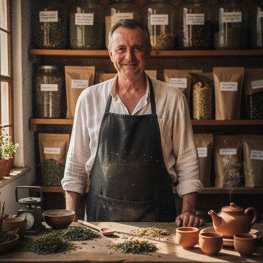 Sastojci za čaj raspoređeni na starom drvenom stolu, uključujući suhe cvjetove.